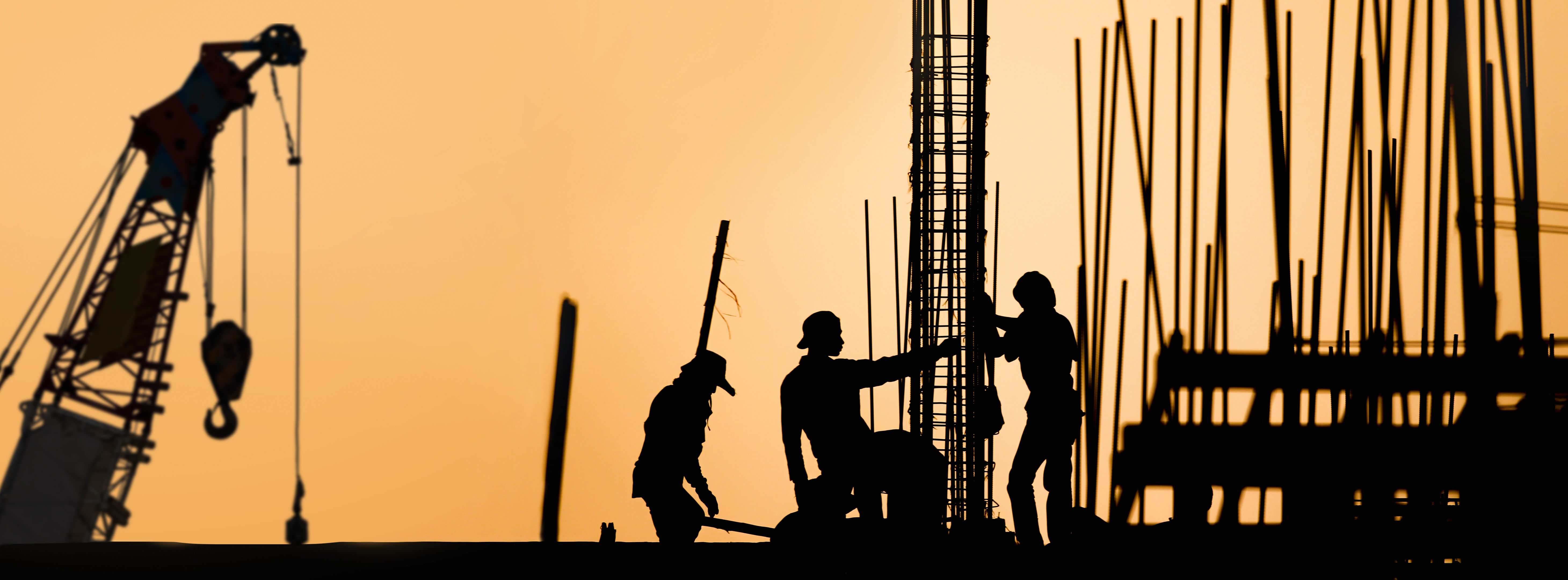 Silhouetted construction workers and crane at sunset, representing field crews and large-scale project operations
