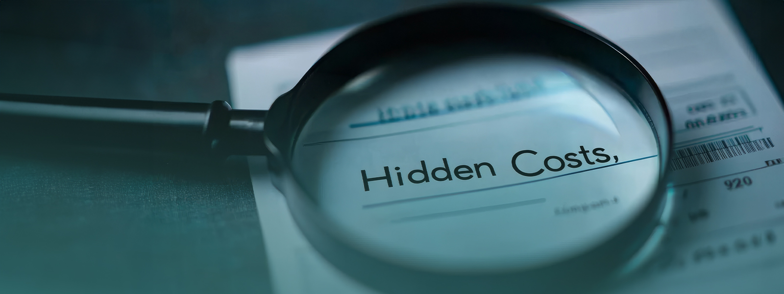 A magnifying glass focuses on the words "Hidden Costs" on a document.