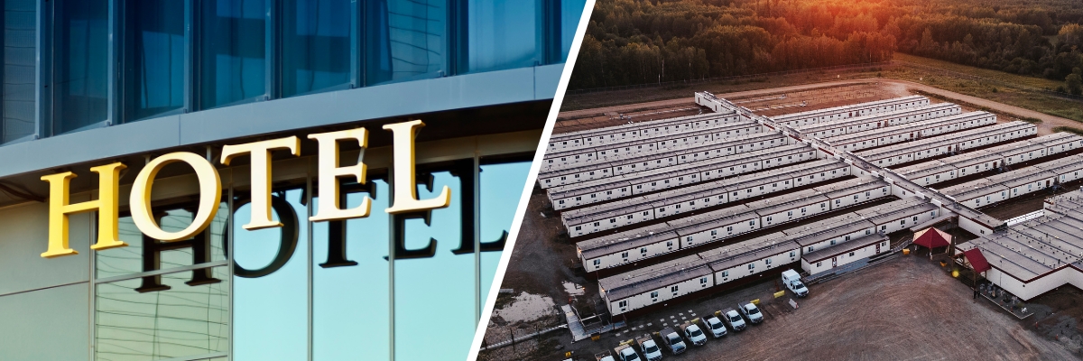 Split image of hotel sign and workforce camp, representing lodging options for crew travel management