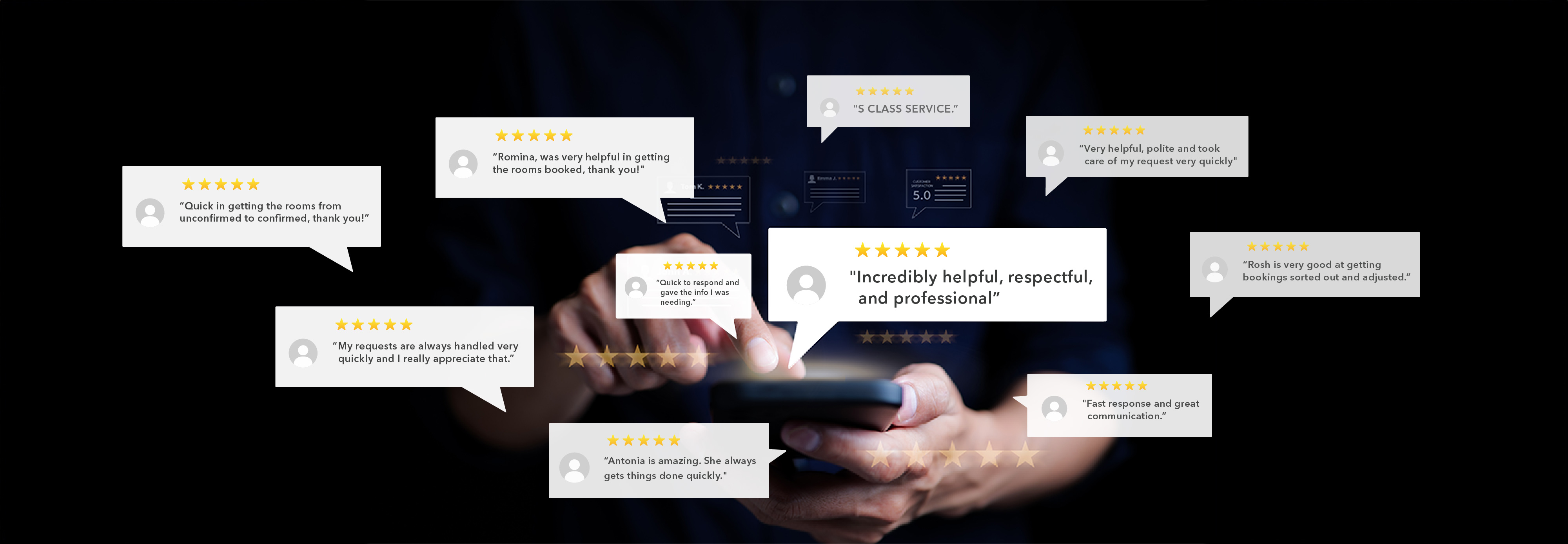 A person holding a smartphone with several digital review bubbles displaying negative critiques.