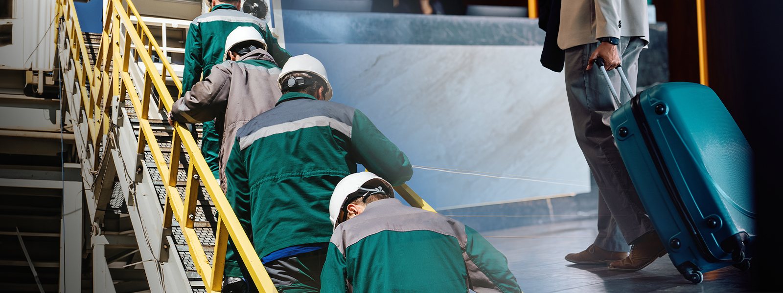 Industrial workers boarding transport with luggage, representing workforce travel supported by LodgeLink.