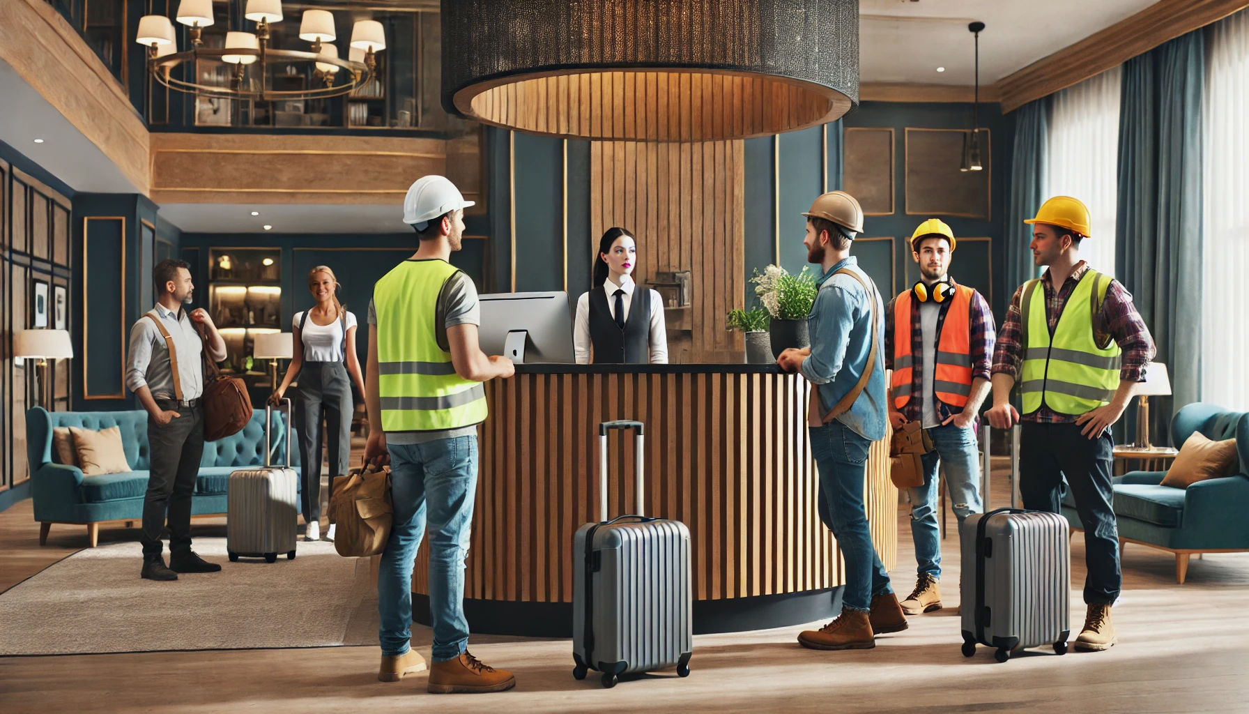 Construction workers checking into a hotel lobby – workforce accommodation by LodgeLink.