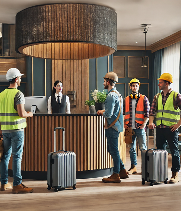Construction workers checking into a hotel lobby – workforce accommodation by LodgeLink.