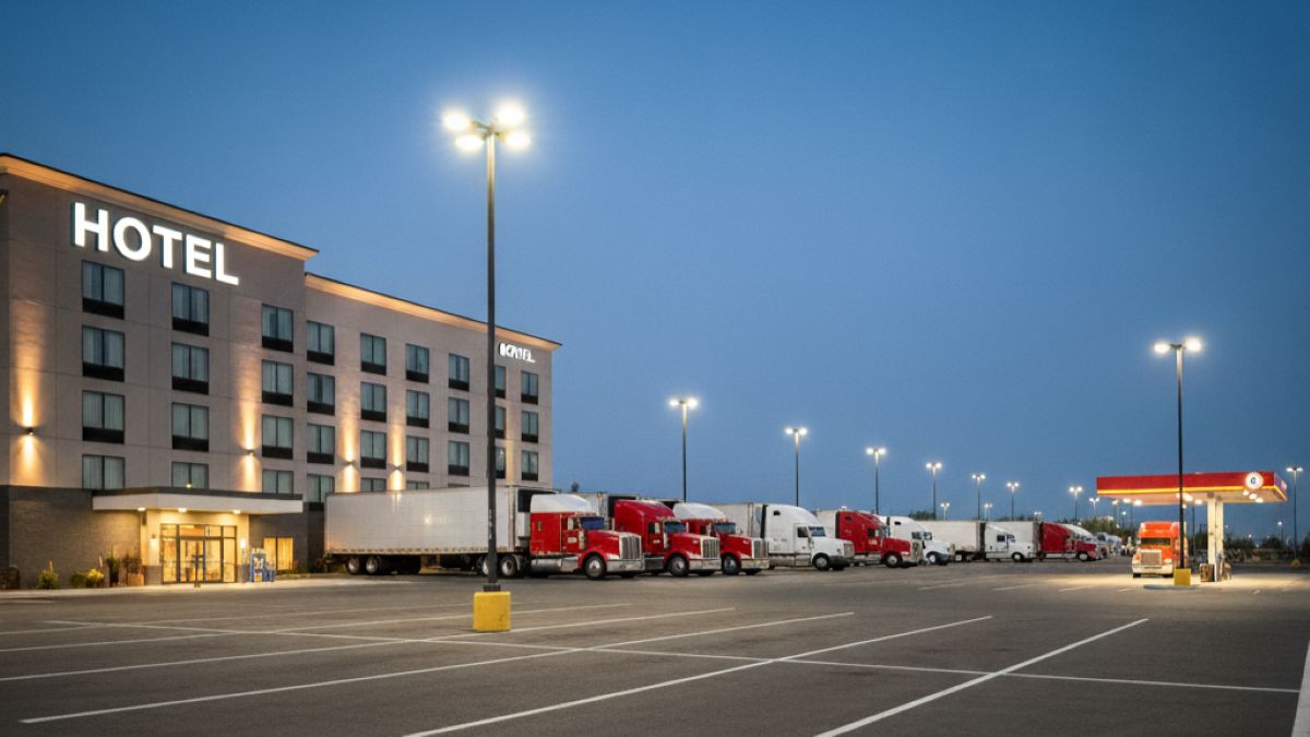 Hotel with ample truck parking at night, ideal for workforce crews booking through LodgeLink.