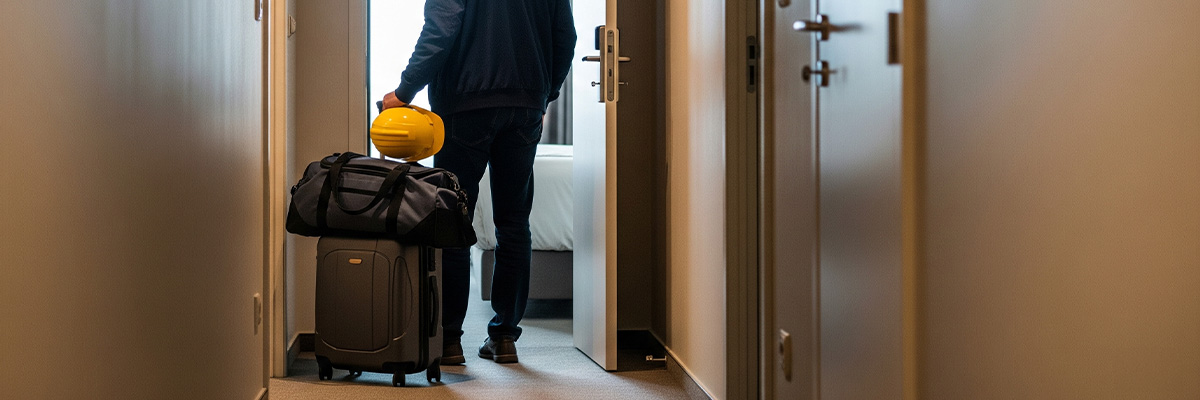 Worker entering a hotel room with luggage and safety gear, representing LodgeLink crew stays.