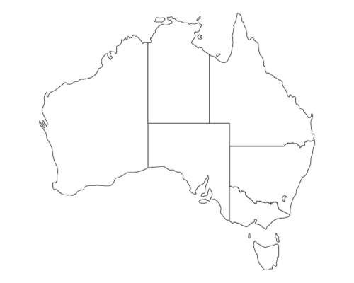 Blank outline map of Australia highlighting state borders.