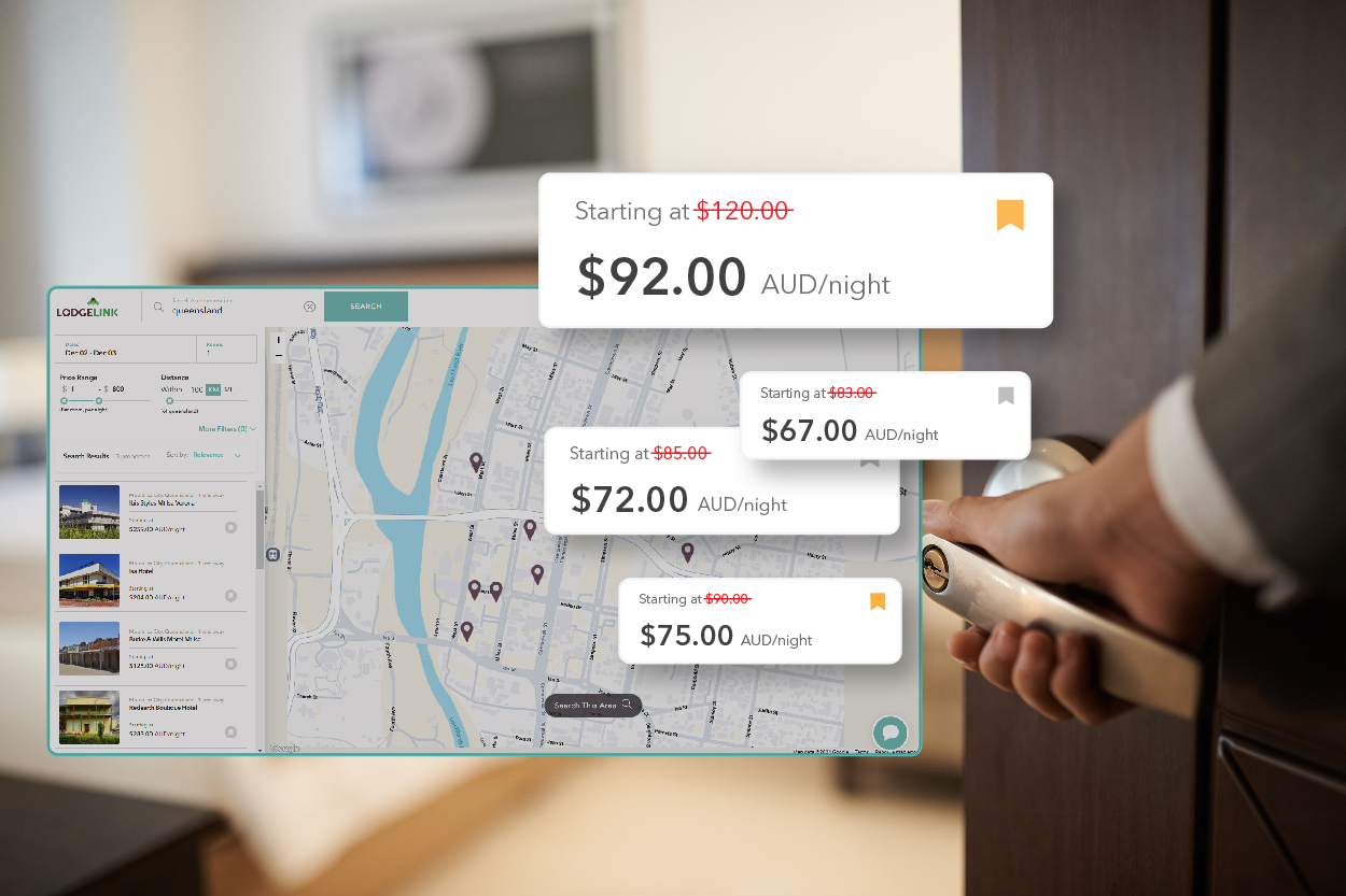 Composite image showing hotel key card access with overlay of discounted nightly room rates.
