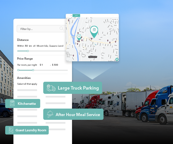 LodgeLink platform search filter showing map results and amenities like truck parking and meal service.