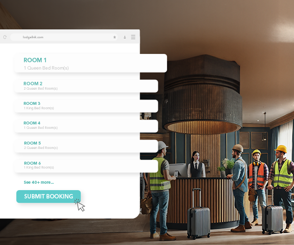 Illustration showing a hotel booking interface with multiple room selections and workers at a front desk.