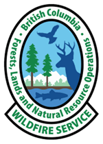 Logo of the British Columbia Wildfire Service, featuring wildlife, trees, and mountains within an oval emblem.