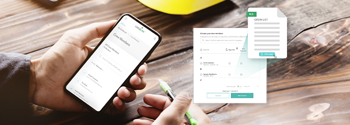  A person using a mobile device to manage workforce travel bookings, with a digital booking form and invoice overlay.
