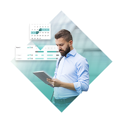 Business professional using a tablet with digital calendar and booking interface overlay.