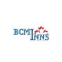 BCM Inns logo with blue text and a red maple leaf, symbolizing Canadian hospitality.