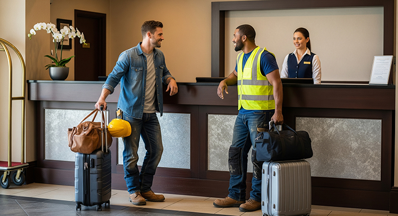 Two workers with luggage check in at a hotel reception desk with a receptionist smiling.