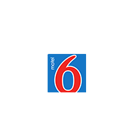 Motel 6 logo featuring a large red number six on a blue square background.