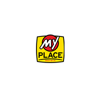 My Place Hotels logo with bold red, yellow, and black colours in a square badge design.