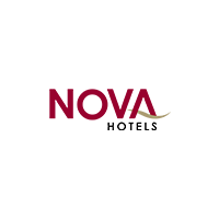 Nova Hotels logo with burgundy text and a golden wave underline element.