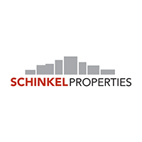 Schinkel Properties logo featuring grey building silhouettes with red and black text.