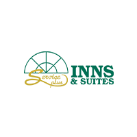 Service Plus Inns & Suites logo with green text and golden stylized window design.