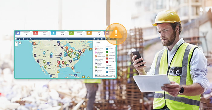  A construction worker in safety gear using a smartphone and tablet, with an overlay of a U.S. map displaying workforce travel locations.