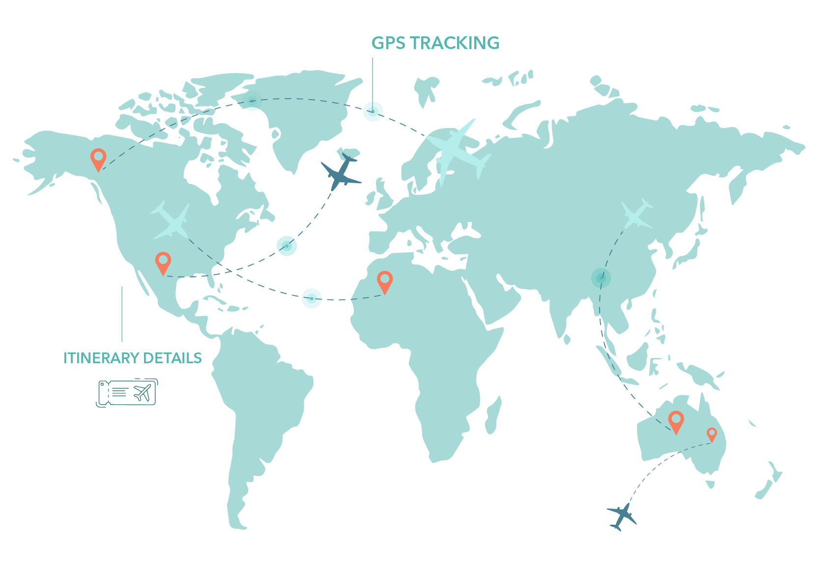 World map with airplane icons and GPS routes connecting continents, showing travel itinerary details.