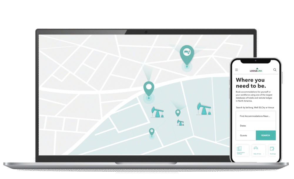 Digital map on laptop and phone for travel booking. A laptop and smartphone displaying a map with location markers, representing a travel booking or navigation platform.