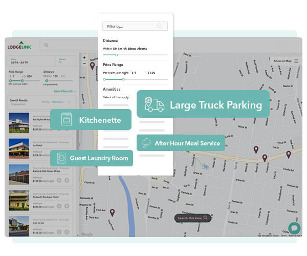  A digital map interface displaying accommodation listings with filters for amenities like kitchens, laundry rooms, and truck parking.