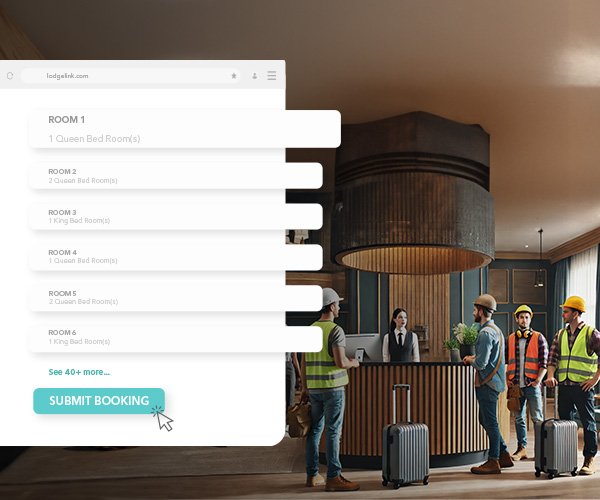 LodgeLink bulk booking interface overlaying a hotel lobby with a receptionist assisting construction workers with luggage.