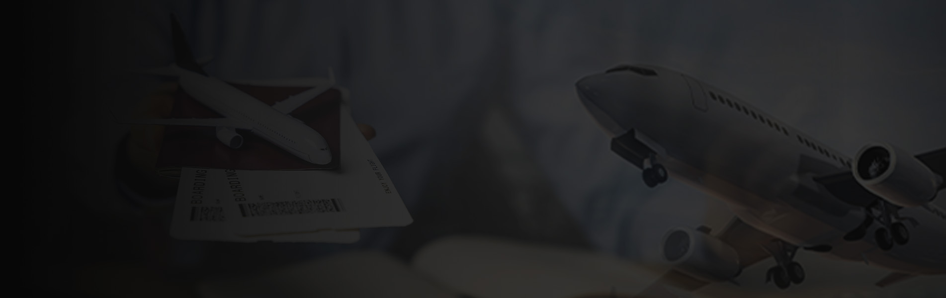 A collage depicting a hotel room, a person handing over a passport and boarding pass, and a car key exchange, symbolizing travel essentials.