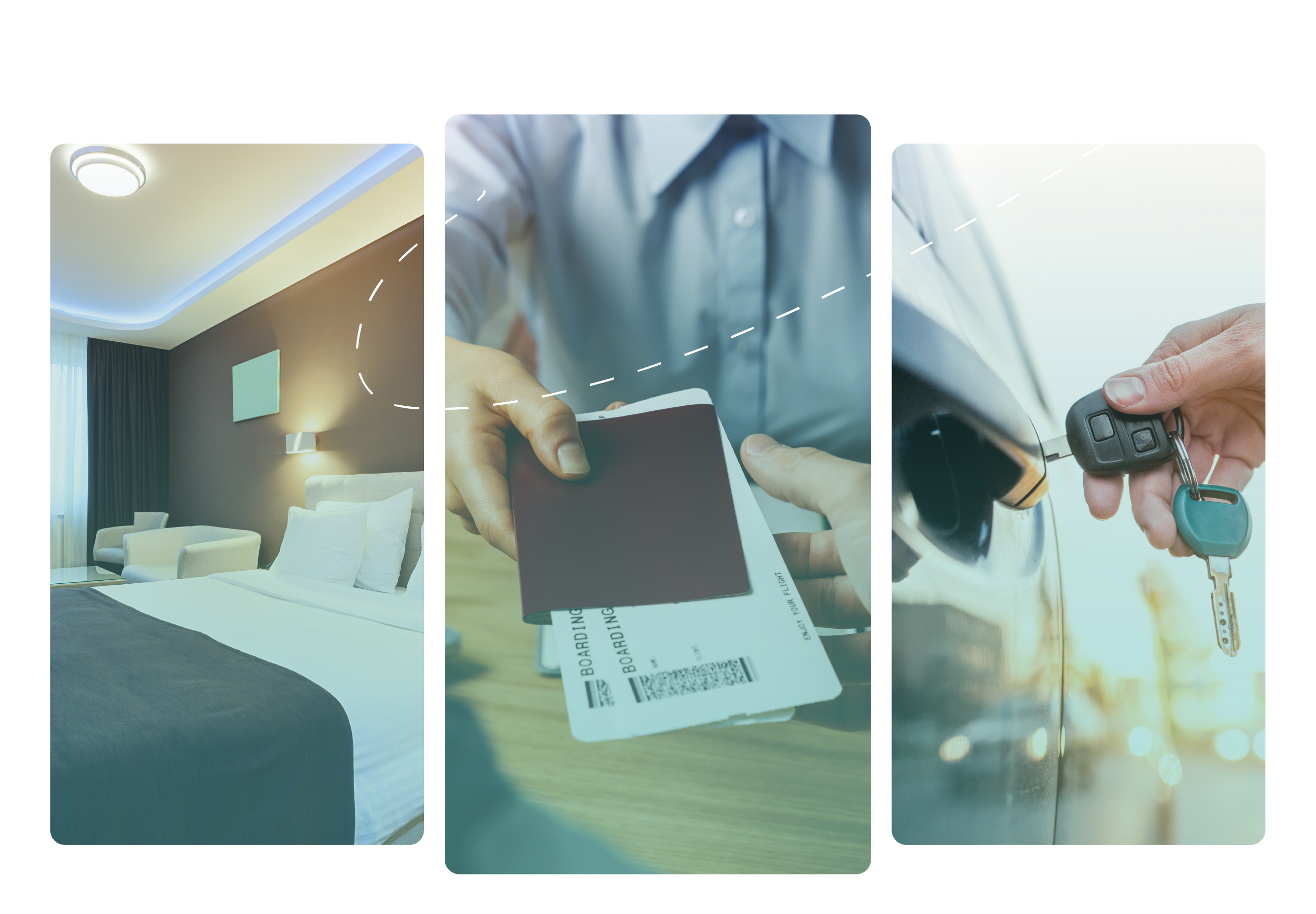 A collage depicting a hotel room, a person handing over a passport and boarding pass, and a car key exchange, symbolizing travel essentials.