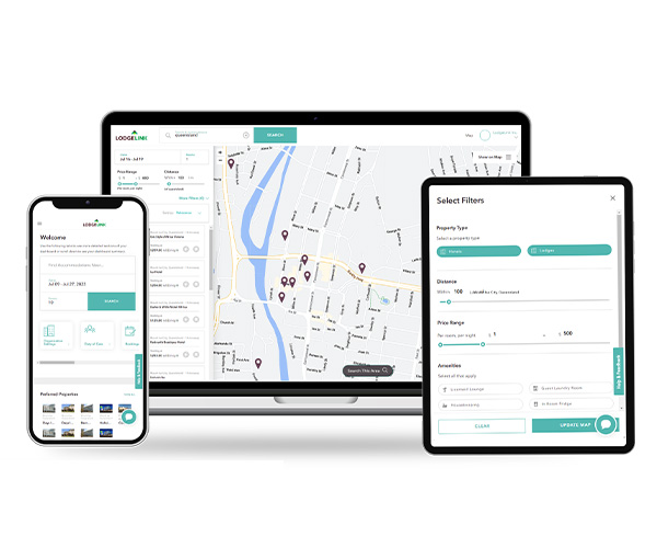 A workforce travel booking platform displayed on a smartphone, tablet, and laptop, showing a map and accommodation options.