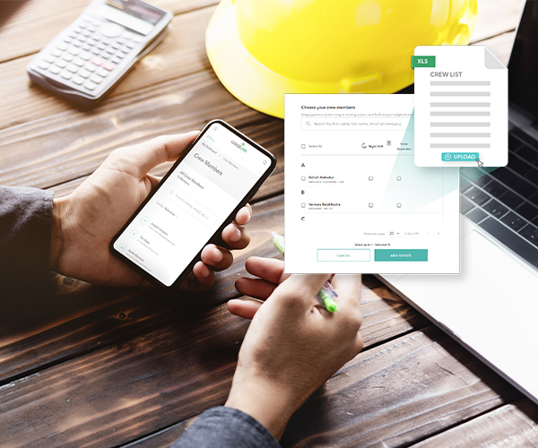 A person using a mobile device to manage workforce travel bookings, with digital booking and invoice overlays.