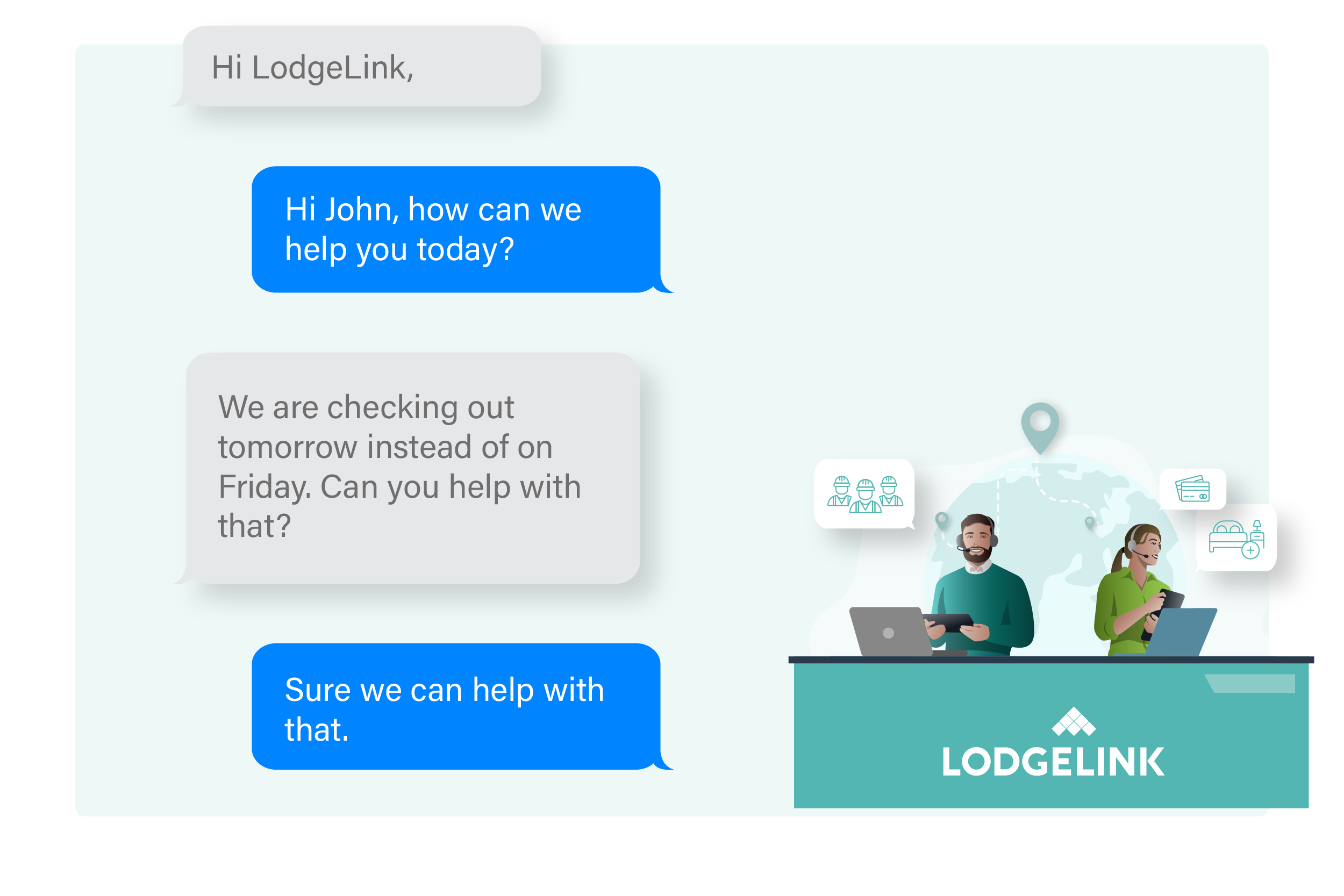 A digital chat conversation with LodgeLink customer support, assisting a user with a booking change request.