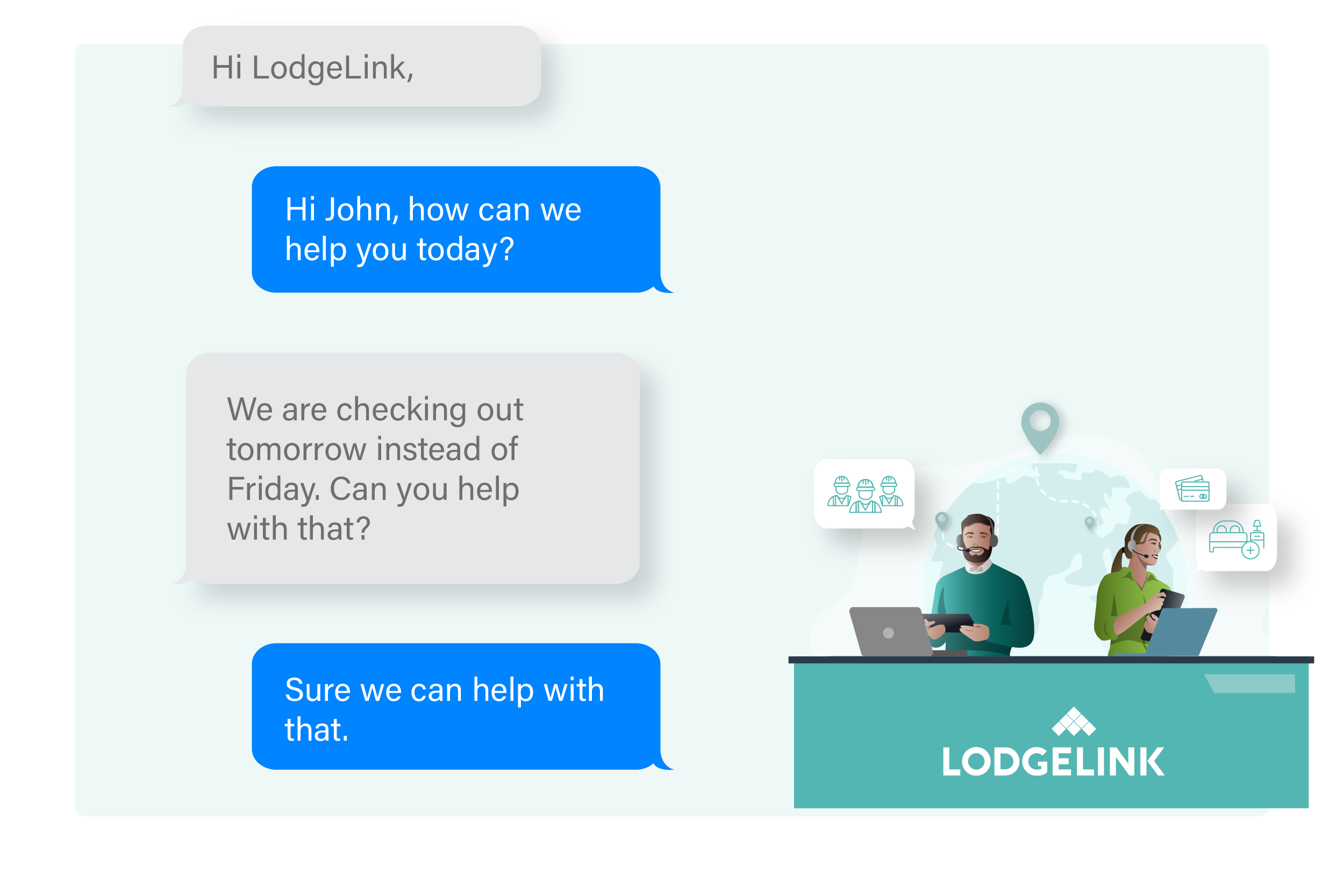 A digital chat conversation with LodgeLink customer support, assisting a user with a booking change request.