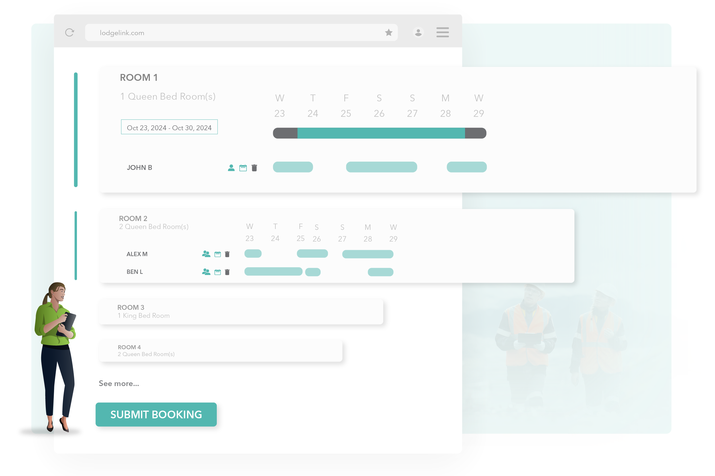 A digital booking form on the LodgeLink platform, showing room selection, dates, and guest details for workforce travel reservations.
