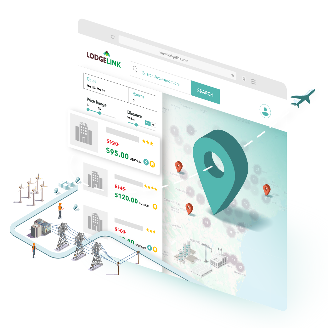 LodgeLink booking platform illustration with pricing and location pin, connected to utilities industry graphics.