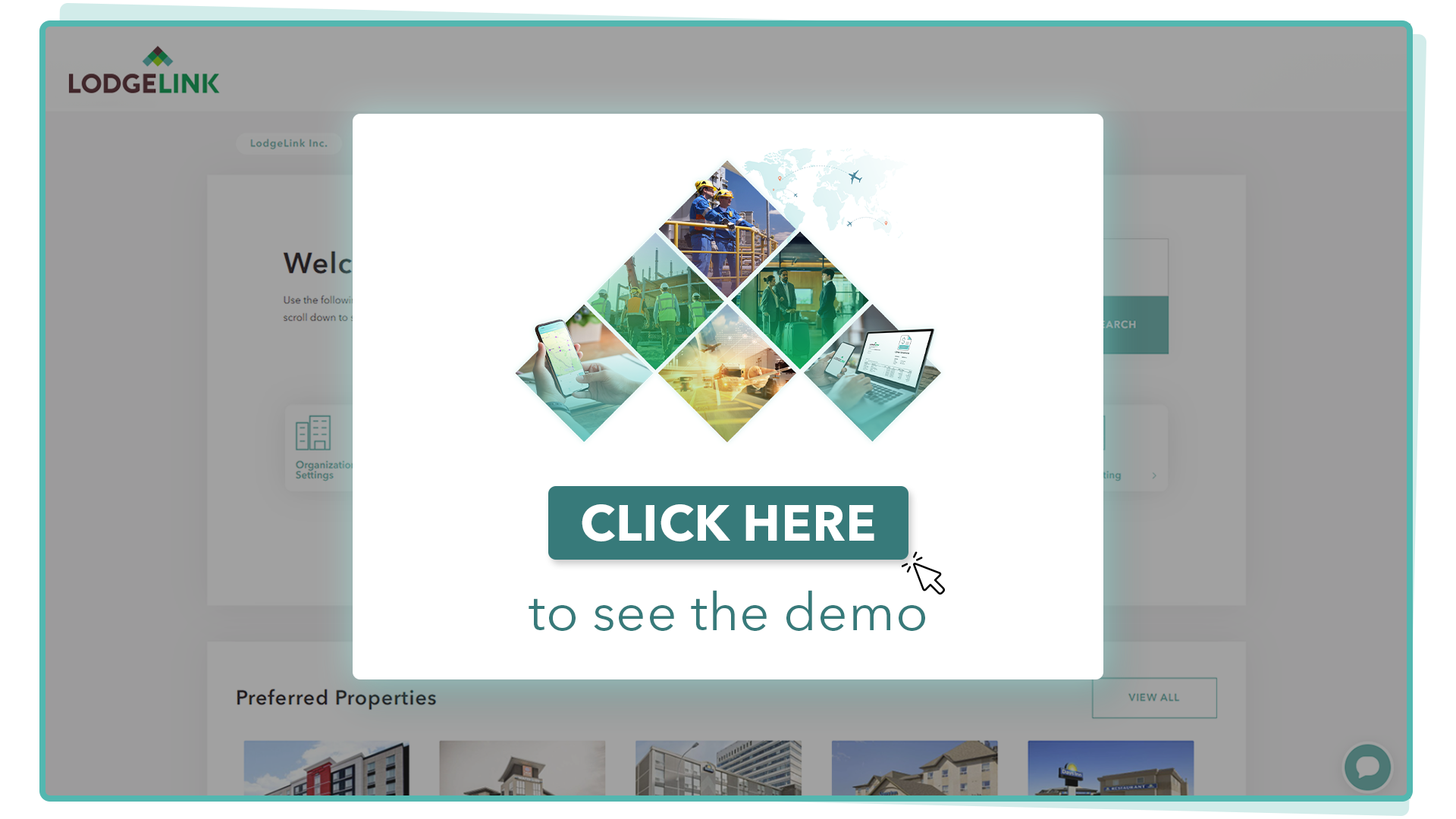 LodgeLink demo pop-up with click here button to see the platform in action.