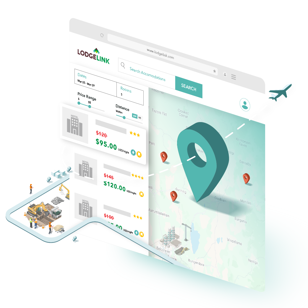 3D illustration of LodgeLink booking platform with map pins and hotel rate listings.