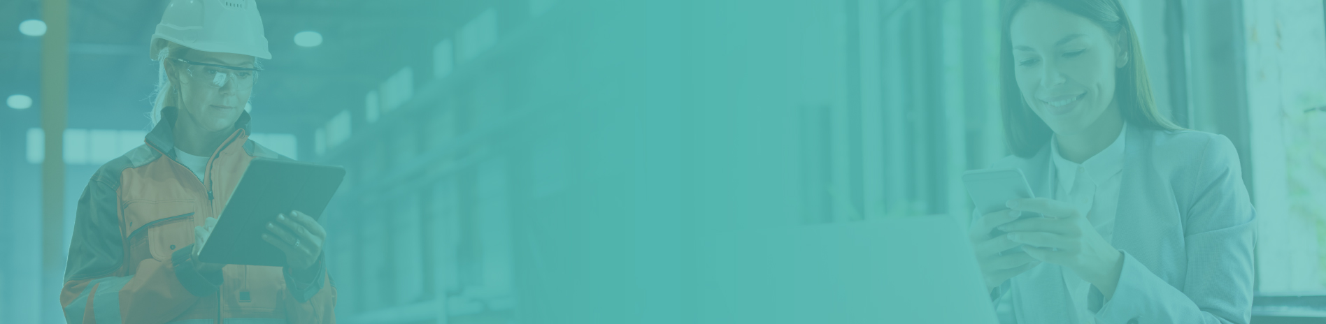 Collage showing industrial workers, a hotel receptionist, and a businesswoman on a phone call.