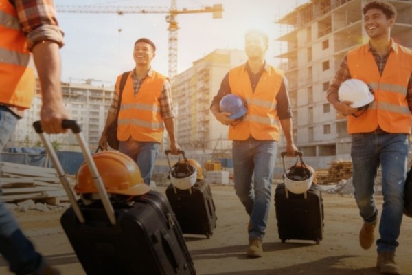 Construction workers in orange safety vests walk through a sunny building site, carrying hard hats and rolling tool cases with cheerful expressions.