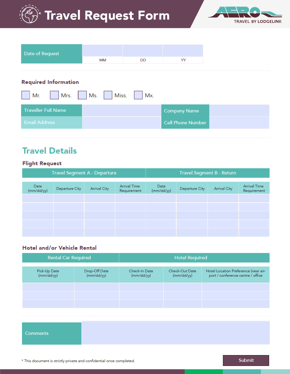 Aero Travel Services travel request form with sections for flight and hotel details.