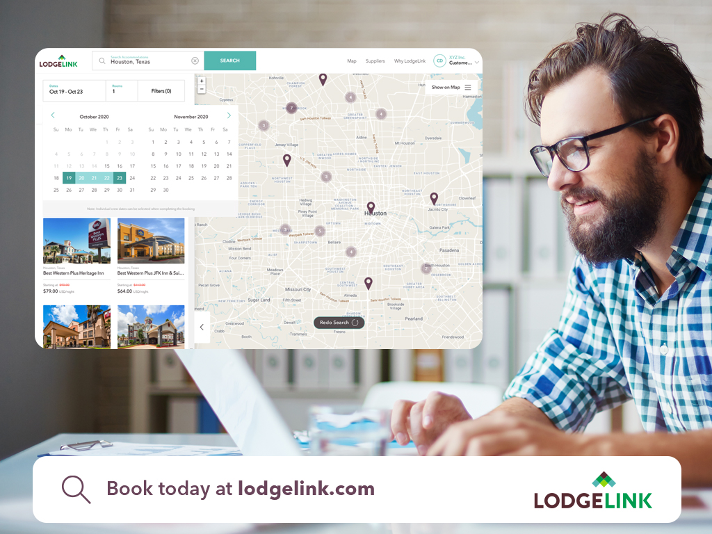 Man searching LodgeLink platform with hotel map and booking calendar displayed on screen.