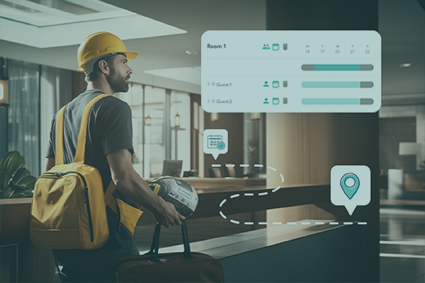 Construction worker with helmet and backpack checking into hotel with digital booking overlay.