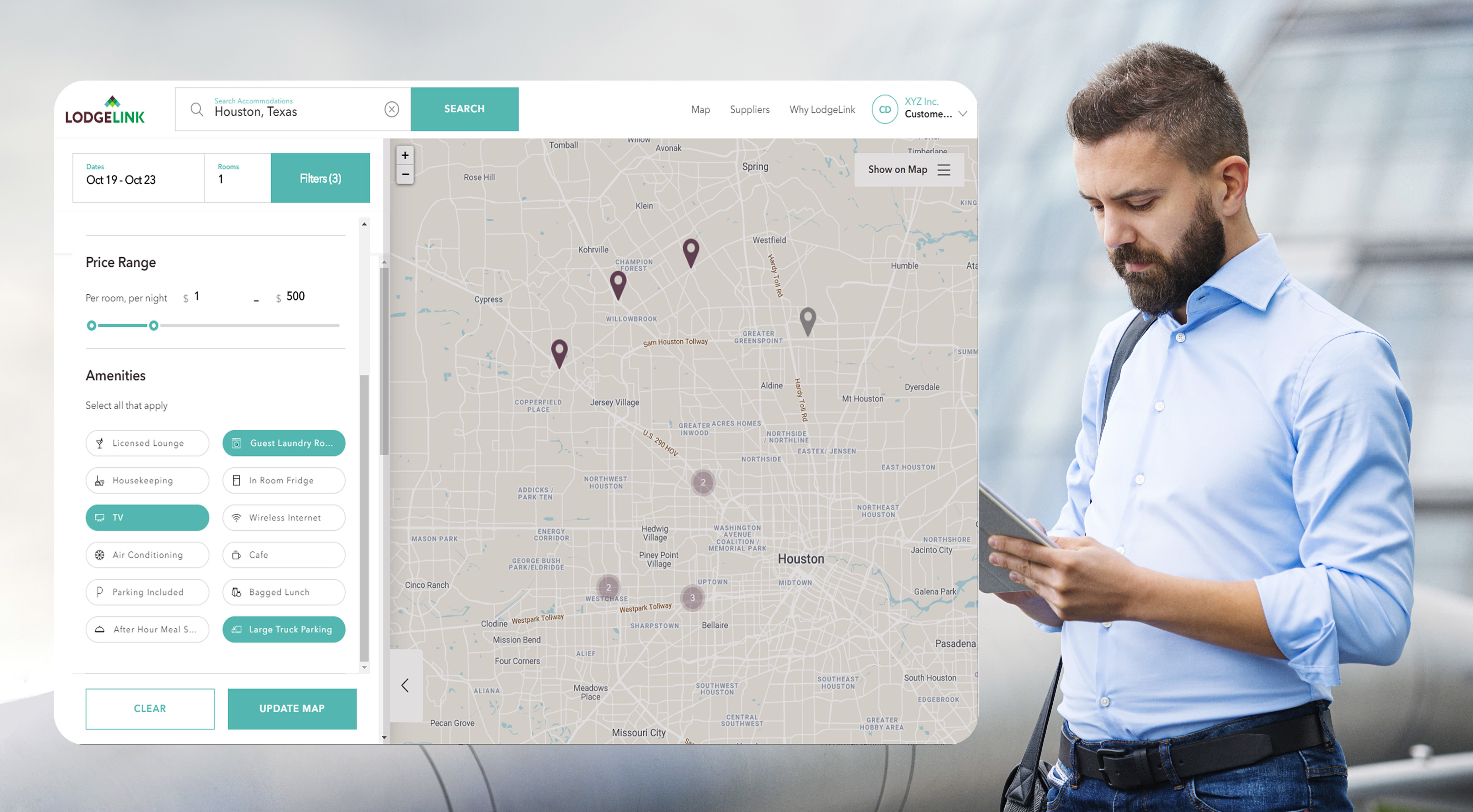 Man using tablet while advanced hotel search map with filters and listings is displayed.