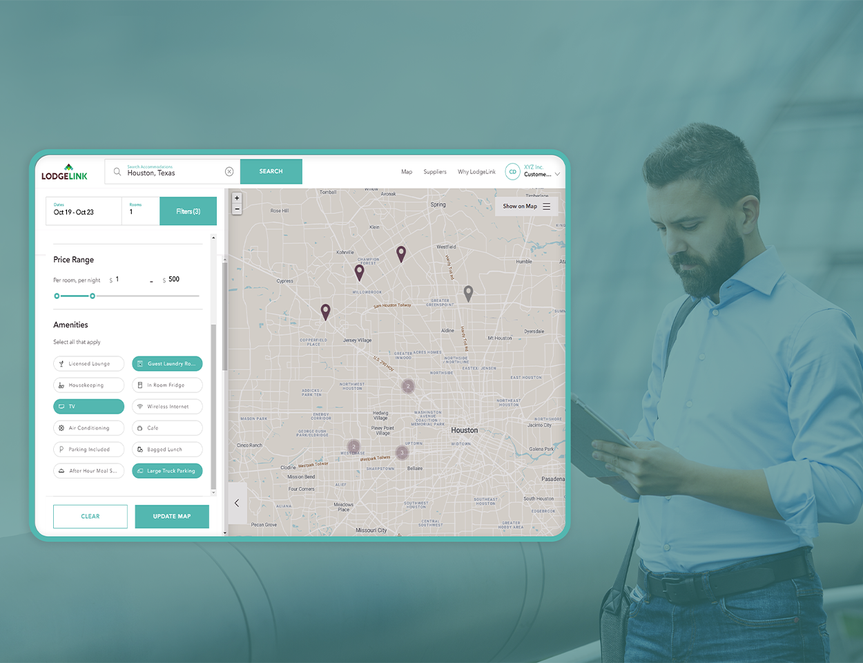 Man using tablet while advanced hotel search map with filters and listings is displayed.