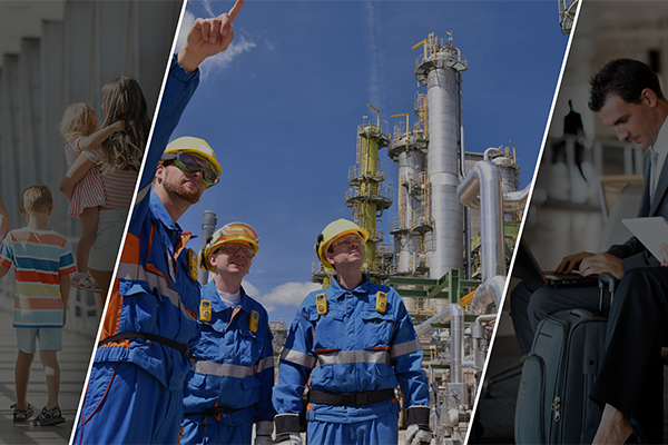 Collage showing leisure travel, industrial workers, and a business traveler with luggage.