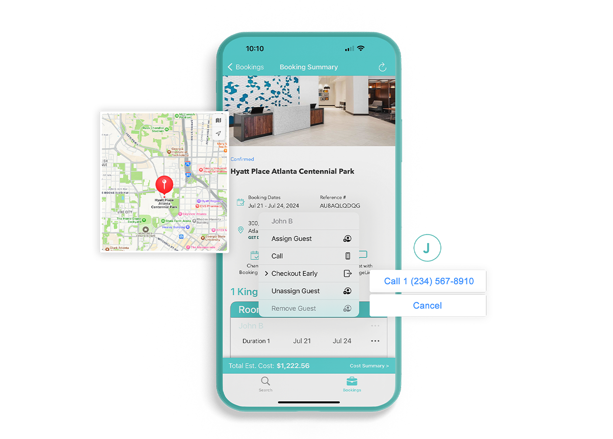 LodgeLink mobile app showing hotel booking details with map location and call option.