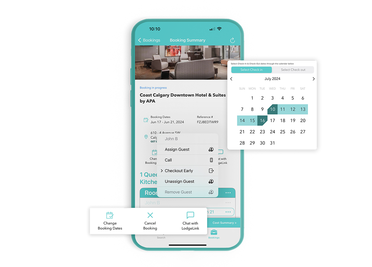 LodgeLink mobile app with booking details and calendar date selection overlay.