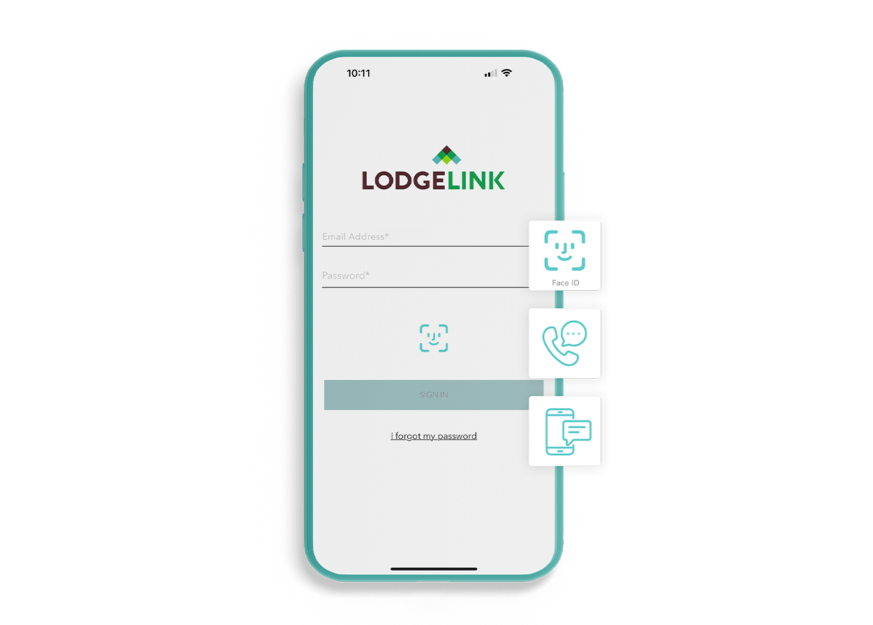 LodgeLink mobile app login screen with logo and secure sign-in options.