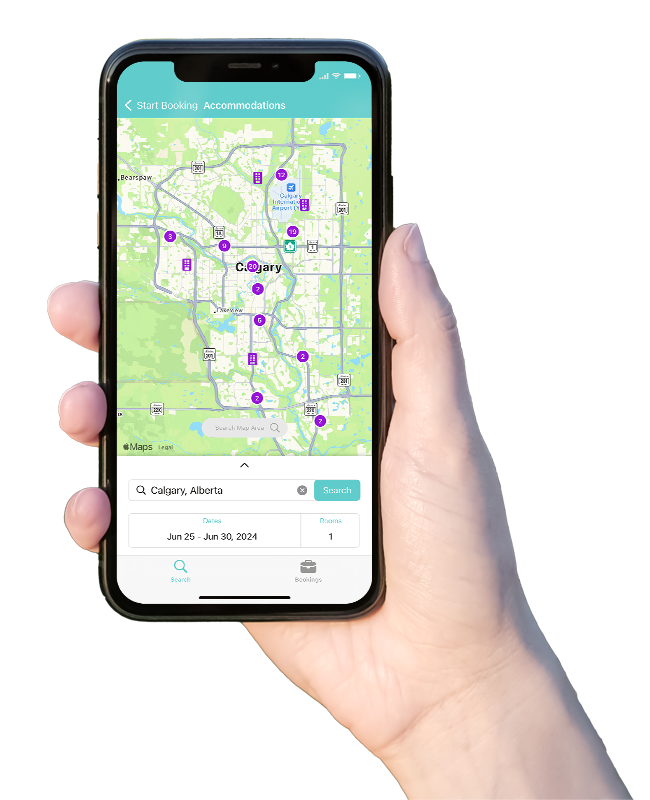 Hand holding a smartphone displaying the LodgeLink app map with hotel locations.